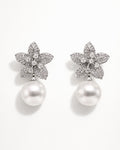 Ivory Bloom pearl drop earrings with cubic zirconia floral design front view