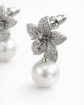 Ivory Bloom pearl drop earrings with cubic zirconia floral design side view