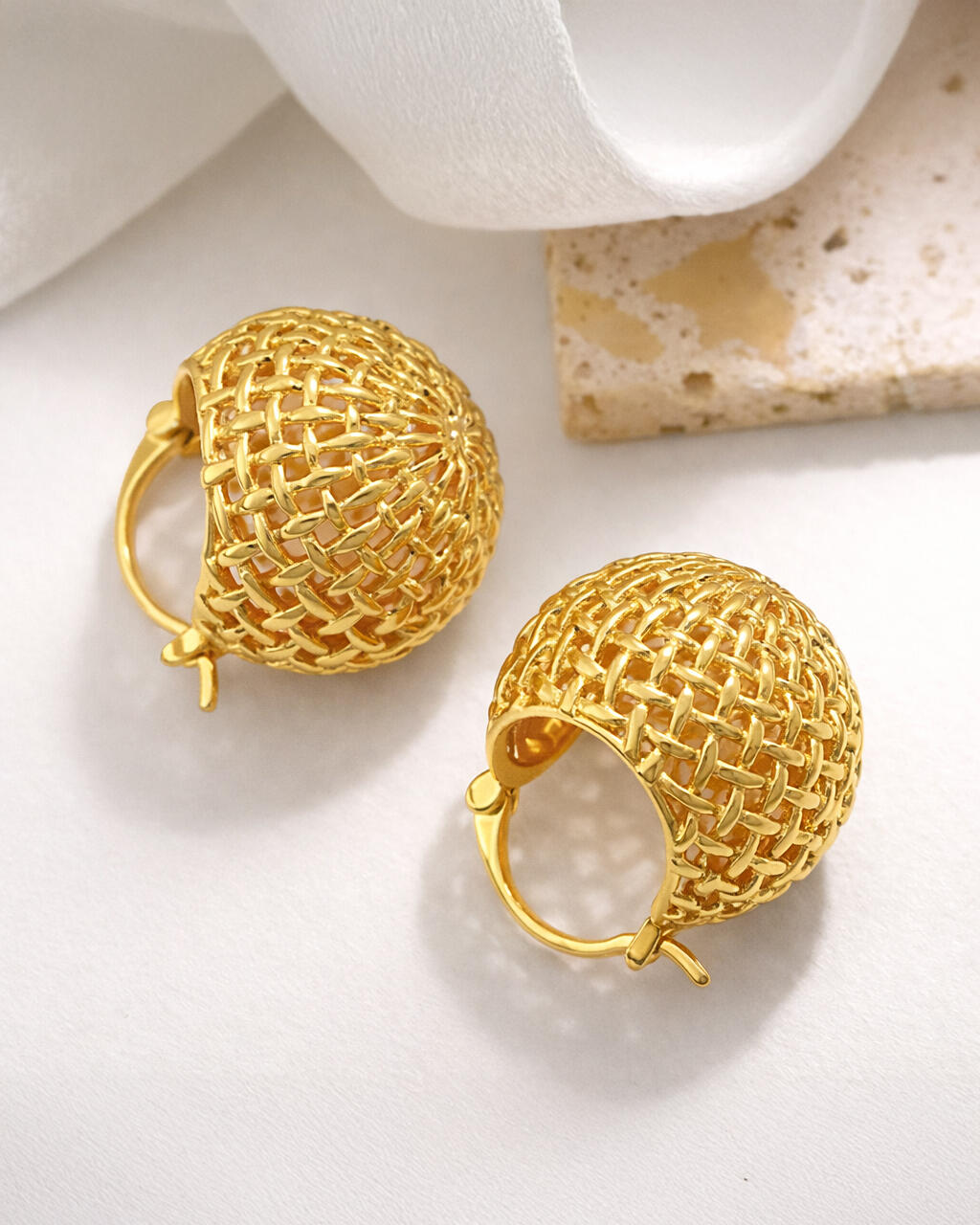 18K gold-plated lattice basket hoop earrings with woven texture, minimalist gold hoop earrings for women, studio product photography