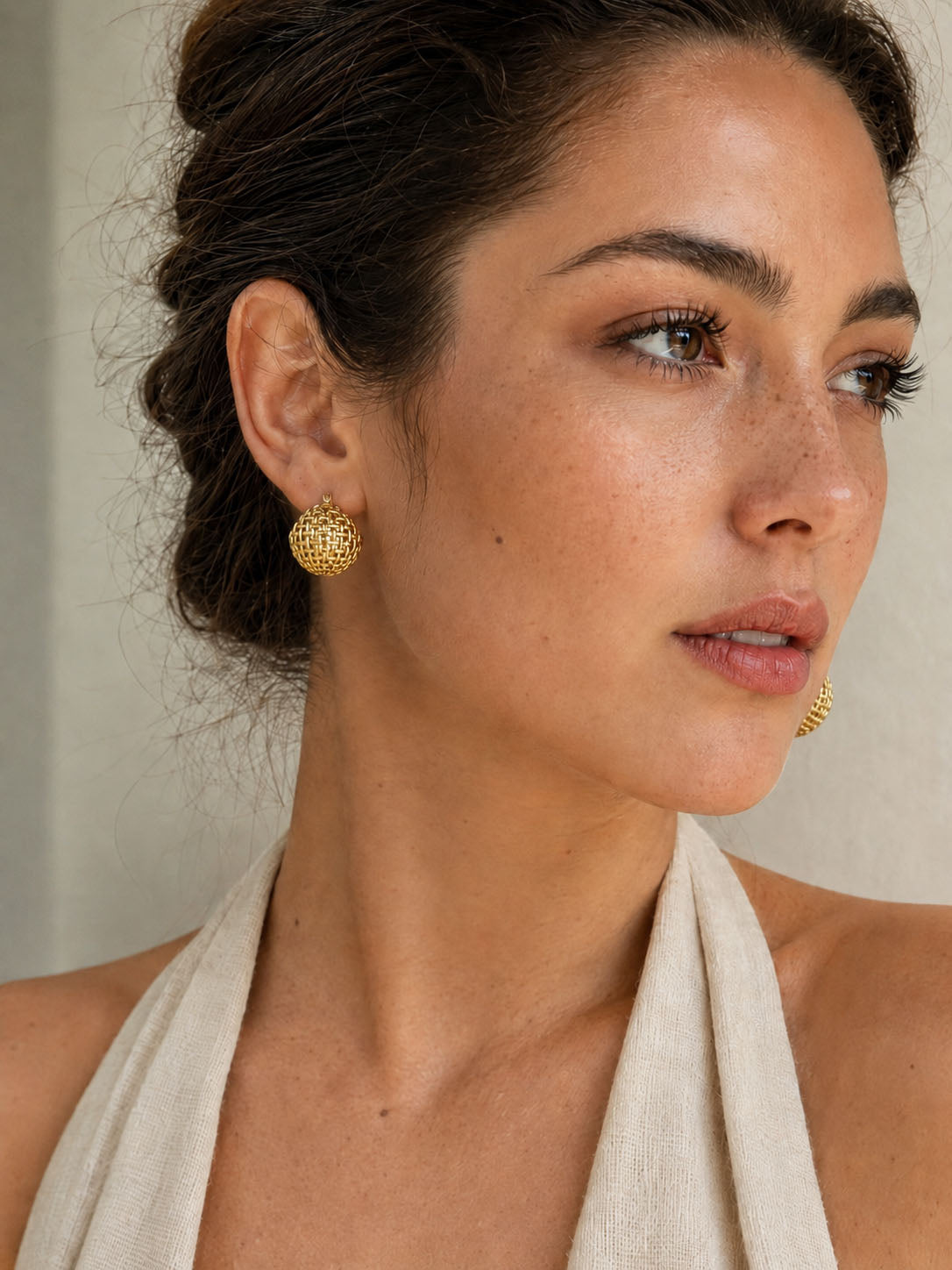 18K gold-plated lattice basket hoop earrings, textured woven gold statement earrings on white background
