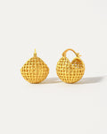18K gold-plated lattice basket hoop earrings, textured woven gold statement earrings on white background
