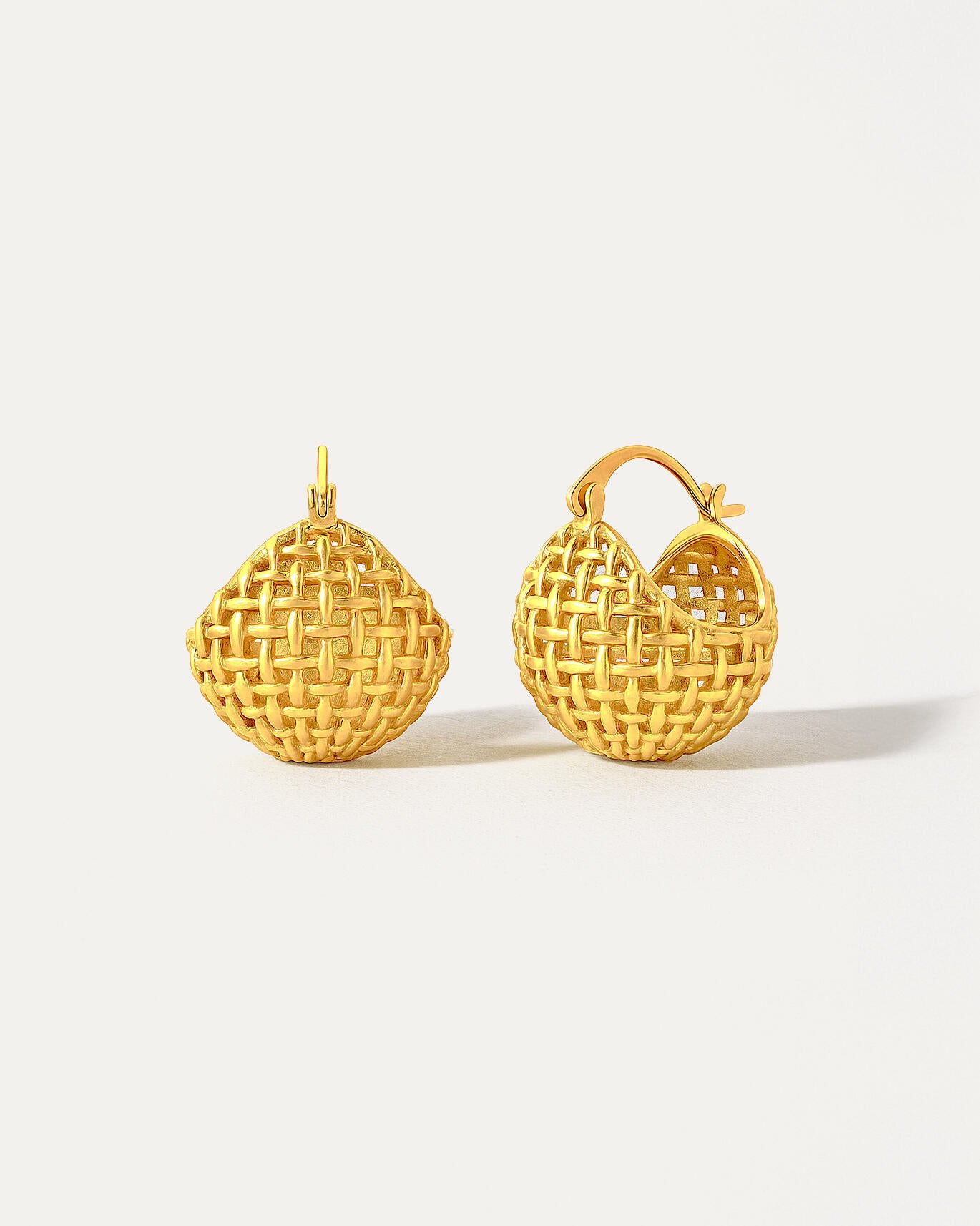 18K gold-plated lattice basket hoop earrings, textured woven gold statement earrings on white background
