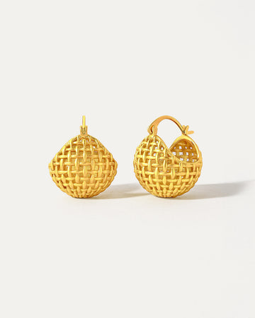 18K gold-plated lattice basket hoop earrings, textured woven gold statement earrings on white background