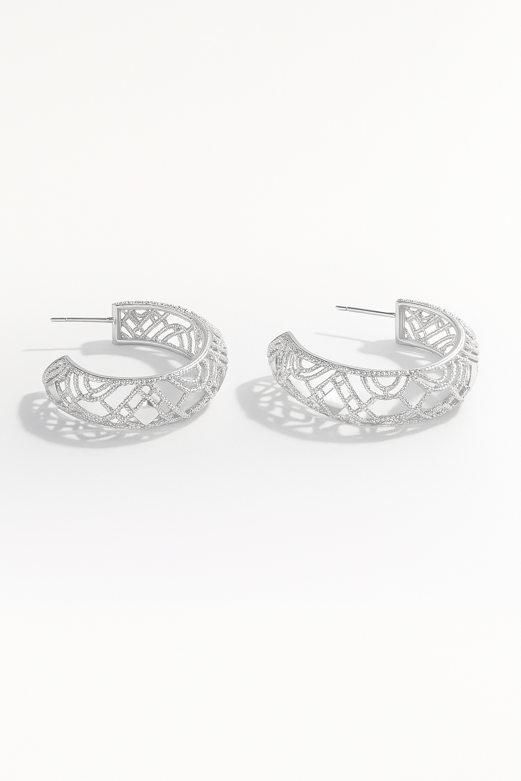Silver-plated open lattice hoop earrings with geometric lace-inspired cutouts – Lattice Luxe Hoops by Jadejuri