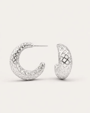 Silver-plated lattice hoop earrings with textured grid design, minimalist silver hoop earrings for women, modern sculptural jewelry