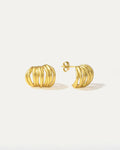 Gold hoop earrings on a light gray background