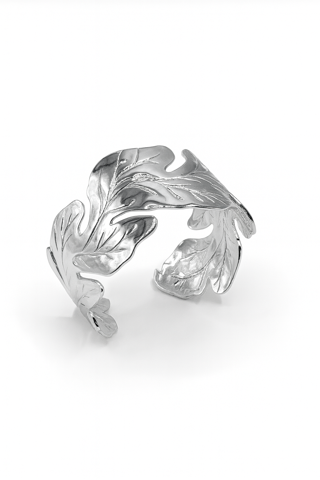 Leaf Harmony Cuff – Silver-plated brass cuff bracelet with sculptural leaf design, nature-inspired jewelry.