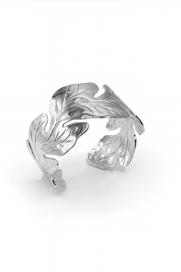 Leaf Harmony Cuff – Silver-plated brass cuff bracelet with sculptural leaf design, nature-inspired jewelry.