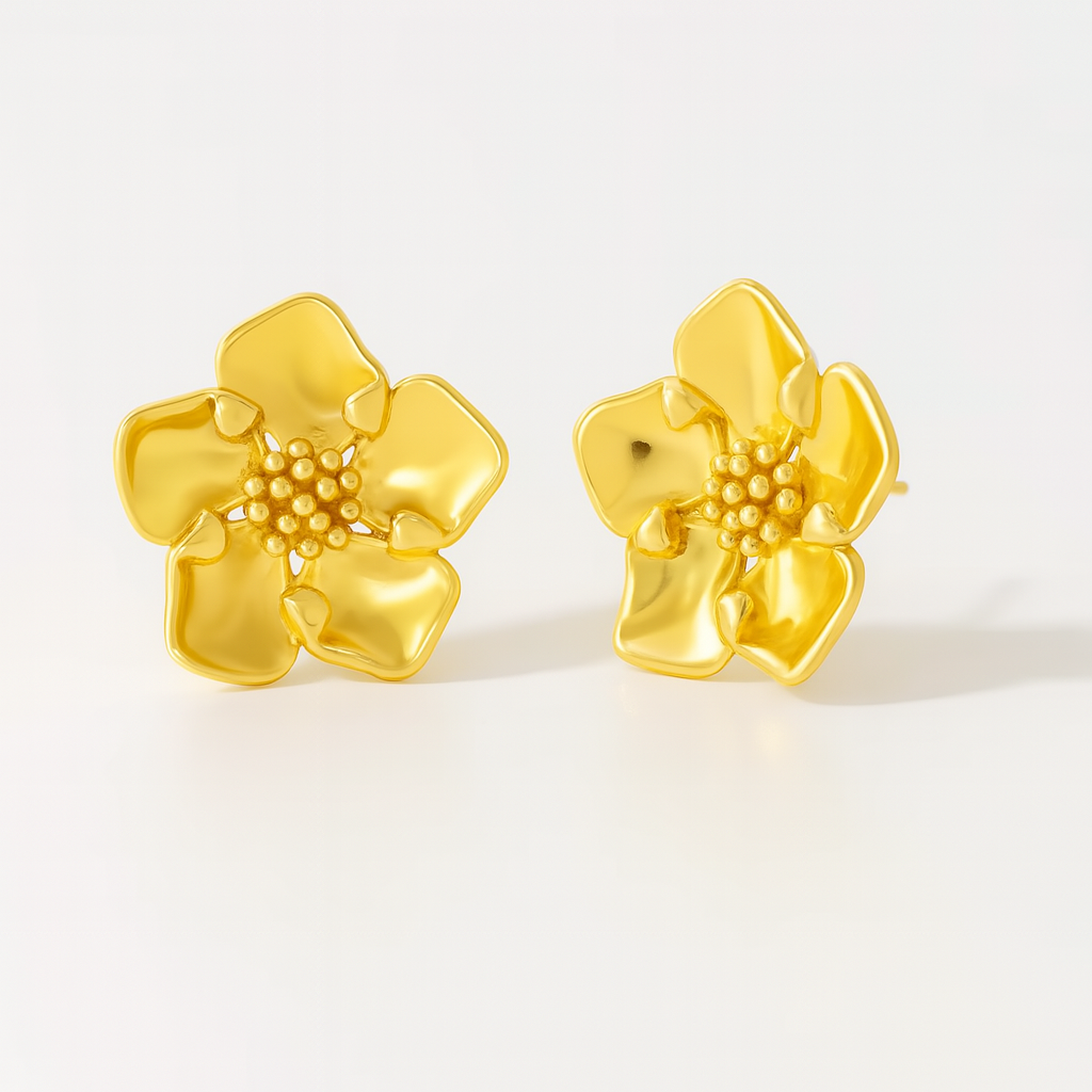 Gold floral stud earrings with five sculpted petals in 18K gold-plated finish.