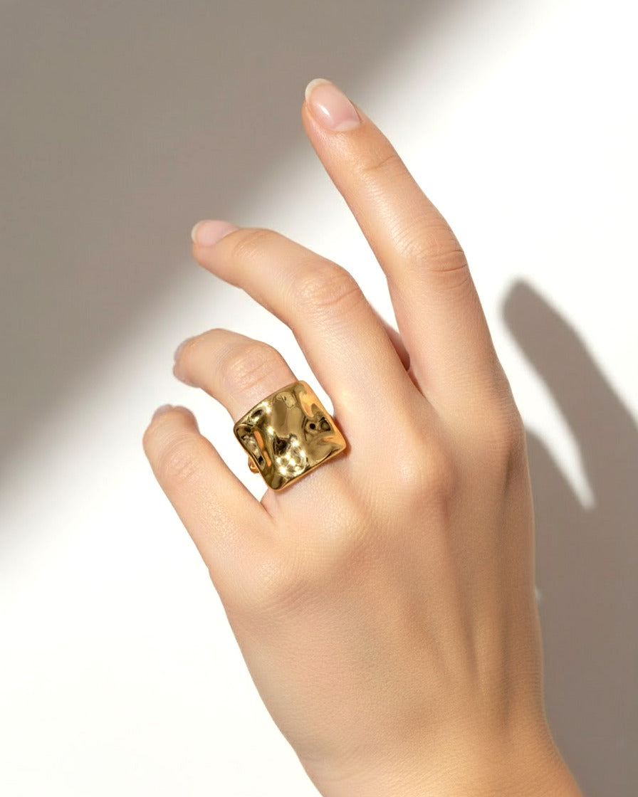 18K gold-plated liquid square statement ring worn on hand