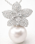 Pearl drop flower pendant necklace with micro pave zircon stones, macro flower detail