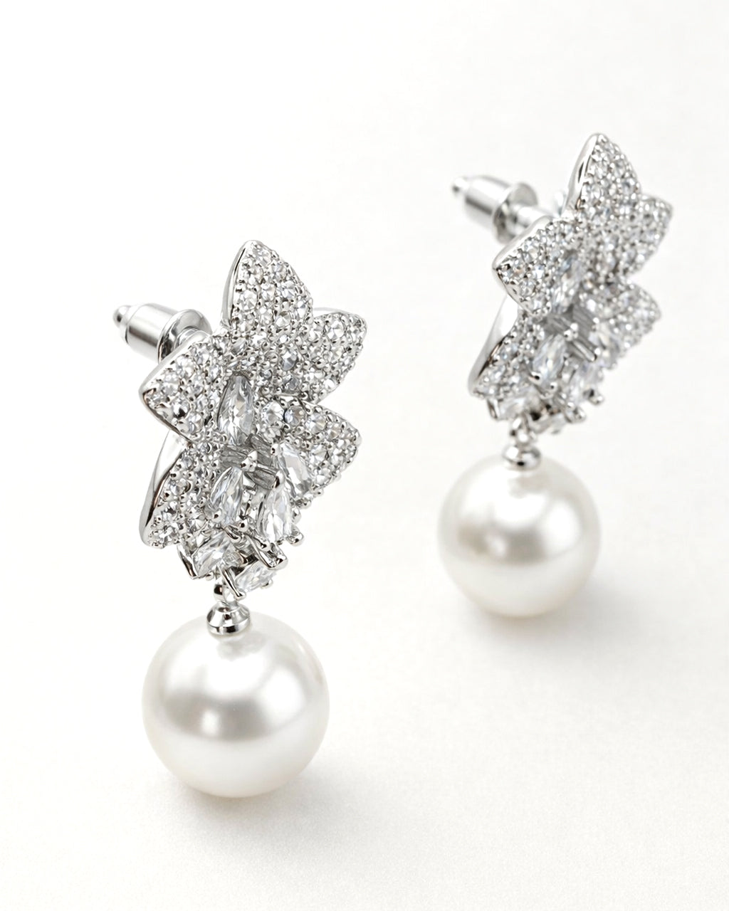 Lumière bloom pearl drop earrings with cubic zirconia silver plated side view