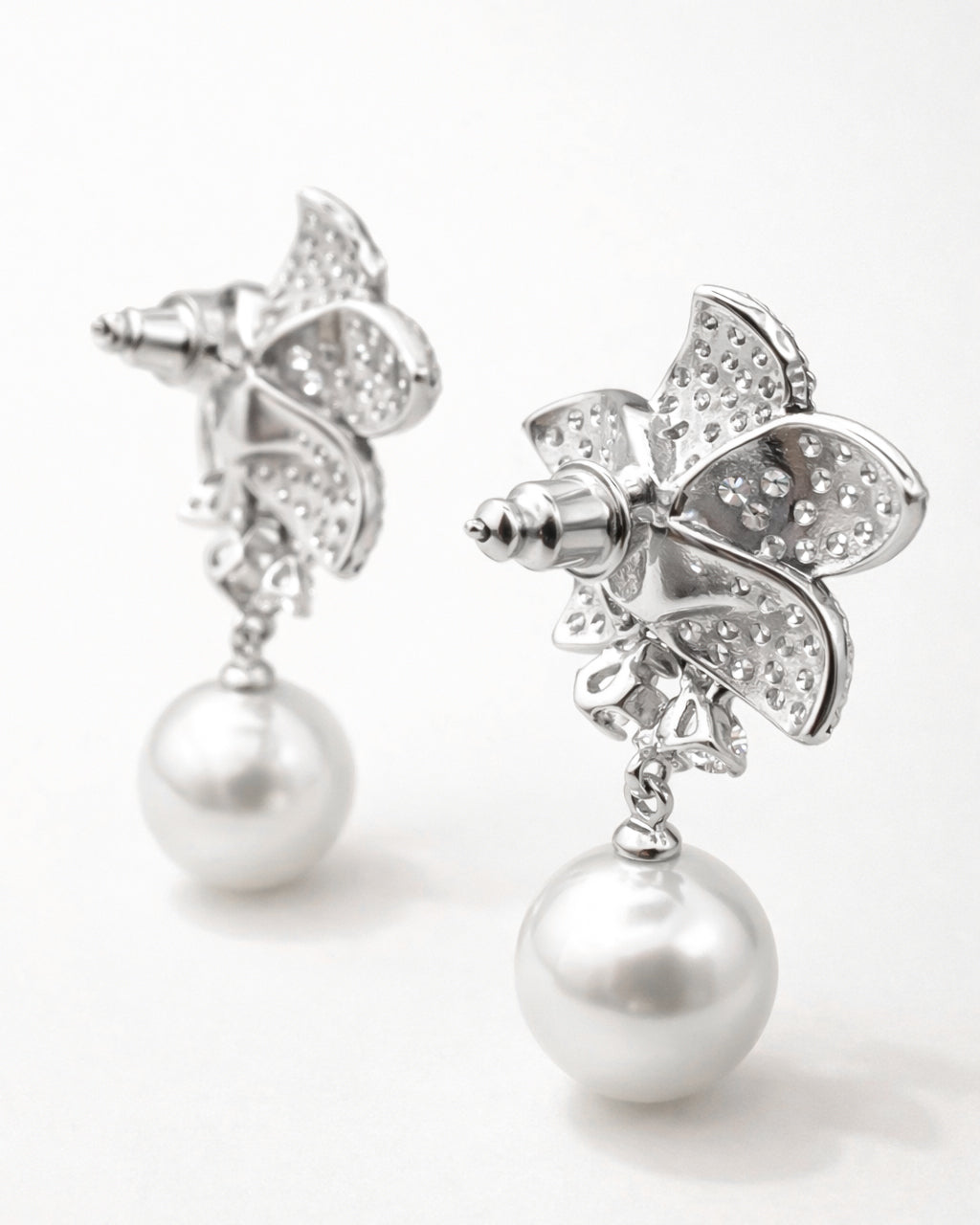 Lumière bloom pearl drop earrings cubic zirconia silver plated back view detail