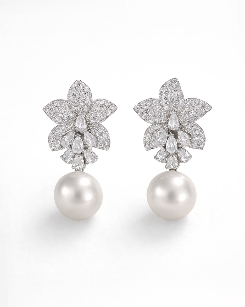 Lumière Bloom pearl drop earrings with cubic zirconia flower bridal design