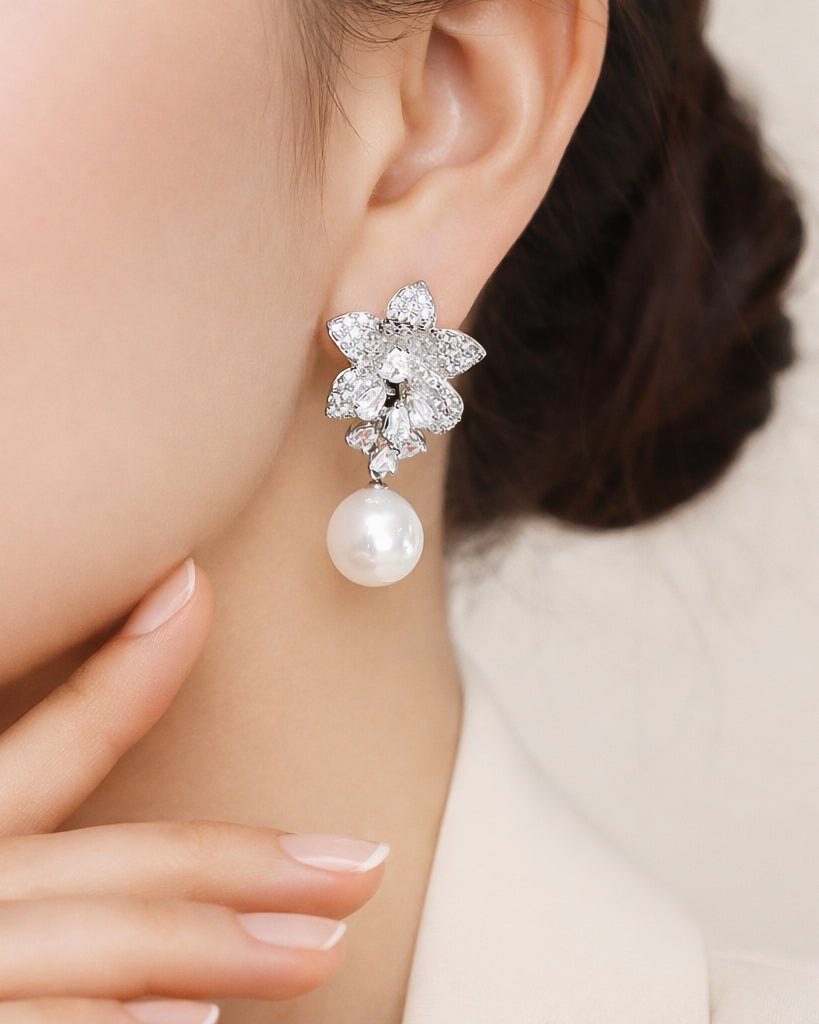 Lumière Bloom pearl drop earrings with cubic zirconia flower bridal design
