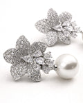 Lumière bloom pearl drop earrings with cubic zirconia silver plated side view