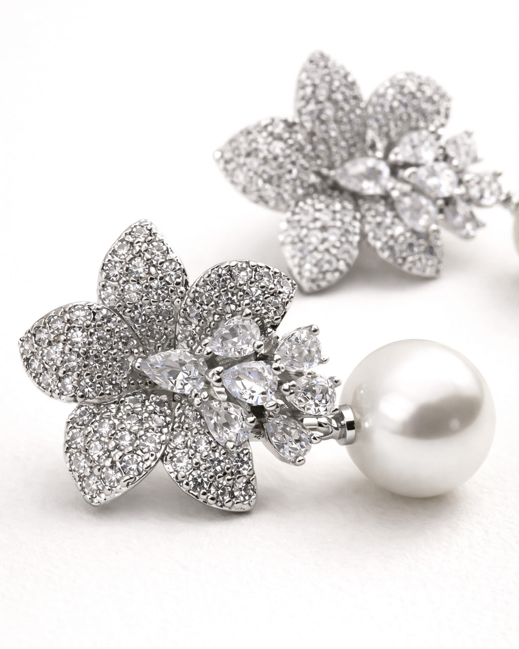 Lumière bloom pearl drop earrings with cubic zirconia silver plated side view