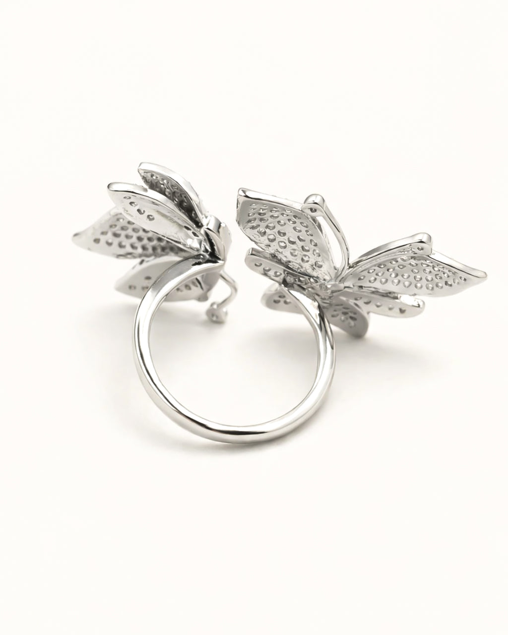 Butterfly adjustable silver ring with micro pavé CZ detailing, back view design