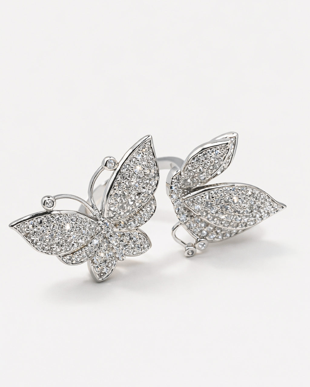 Butterfly adjustable silver ring with micro pavé CZ stones, front view detail