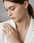 Butterfly adjustable silver ring with micro pavé CZ stones, model wearing view