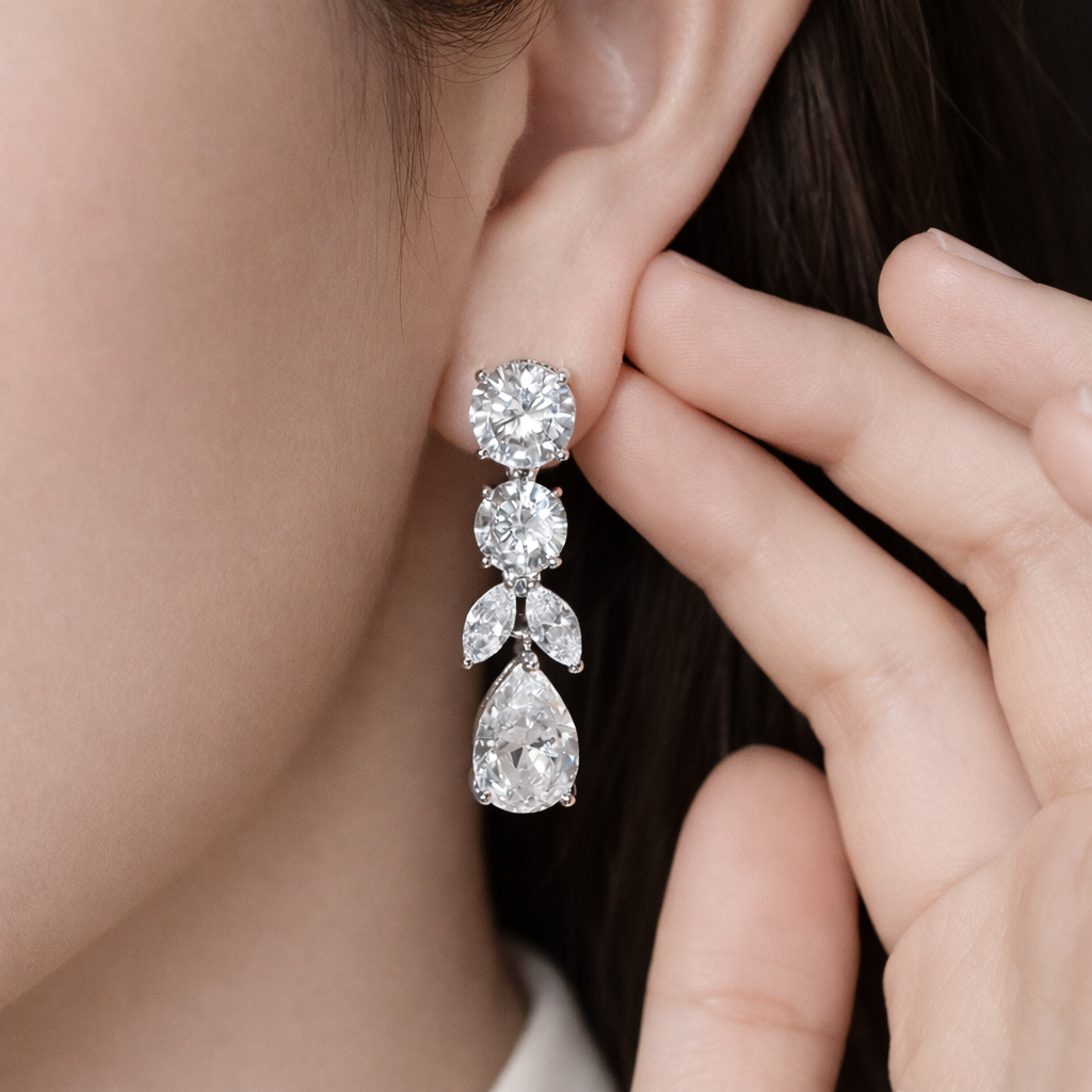 Lumière Cascade water drop earrings with cubic zirconia silver plated design