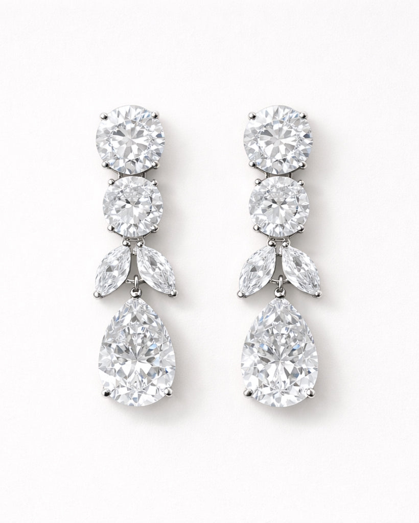 Lumière Cascade water drop earrings with cubic zirconia silver plated finish