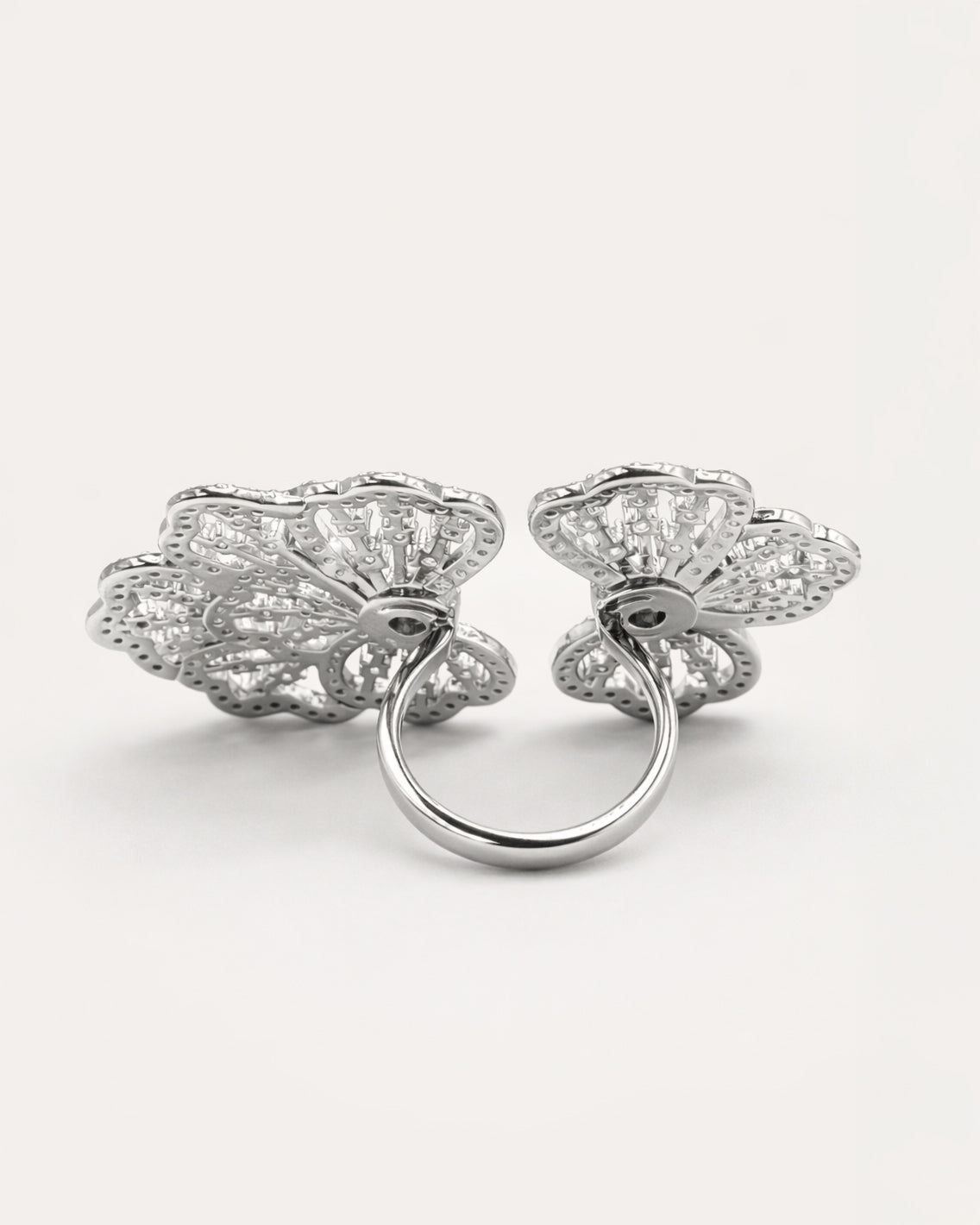 Floral adjustable silver ring with zircon stones, detailed flower back view design