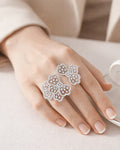 Floral adjustable silver ring with zircon stones, worn on hand lifestyle elegant view