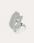 Floral adjustable silver ring with zircon stones, sparkling openwork flower side view