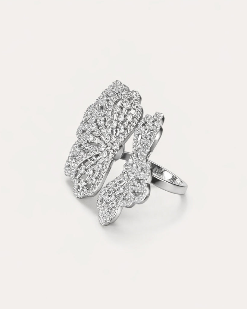 Floral adjustable silver ring with zircon stones, sparkling openwork flower side view