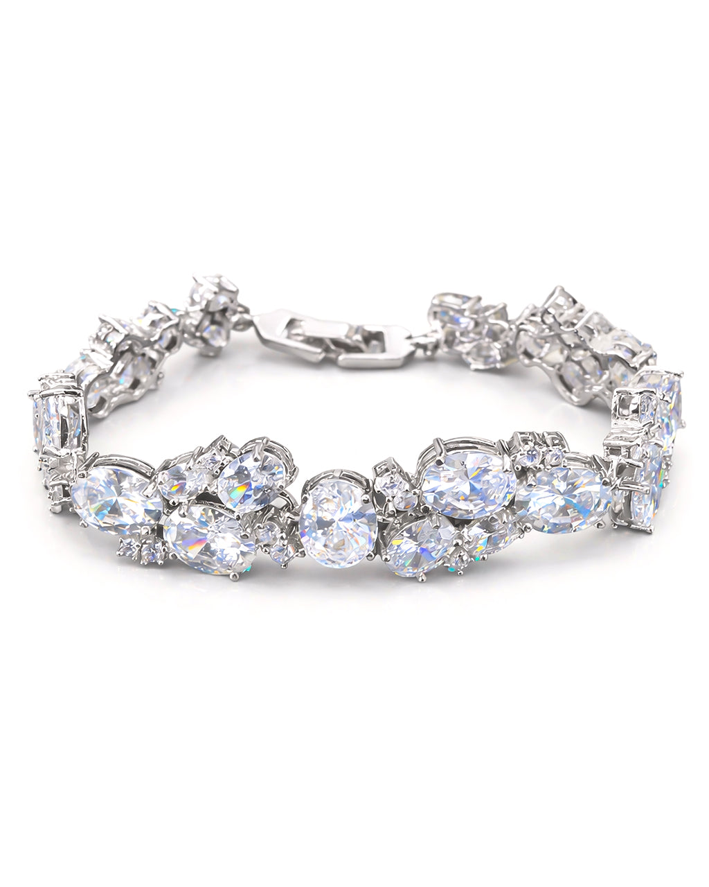 Oval CZ tennis bracelet in silver plated finish with stones, front view detail