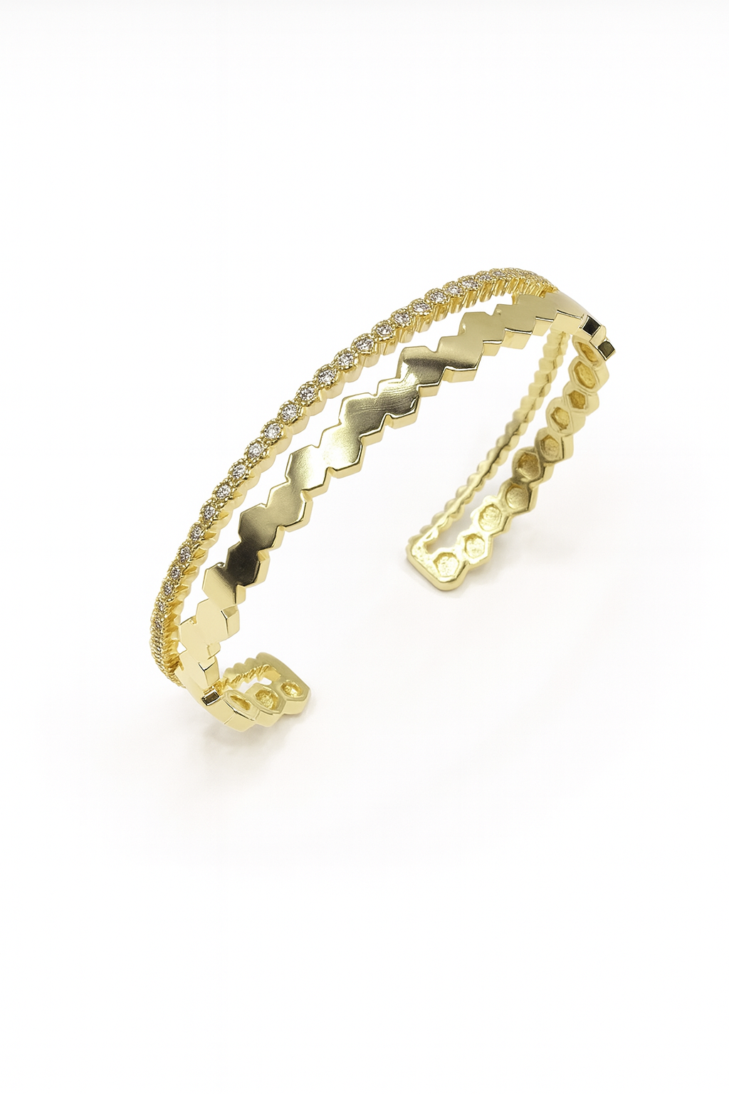 Luna Hexa Cuff – 18K gold-plated cuff bracelet featuring bold hexagon links with pavé details, modern and elegant design