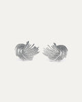 Pair of silver feather-shaped earrings on a light gray background