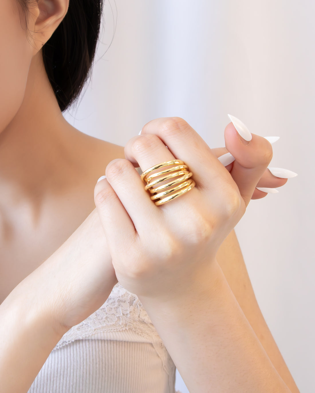 Stackable gold ring with layered smooth curves – Luxe Layers Ring by Jadejuri