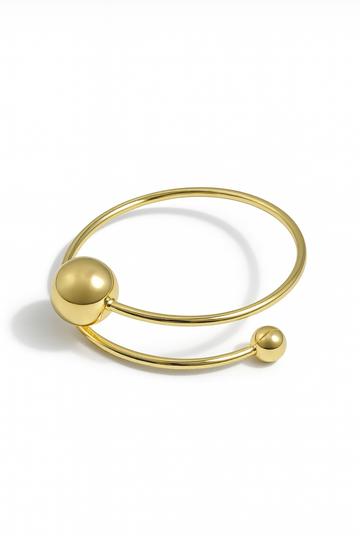 Orbit Dual Sphere Cuff – 18K gold-plated brass bracelet with two polished spheres, modern open cuff design.