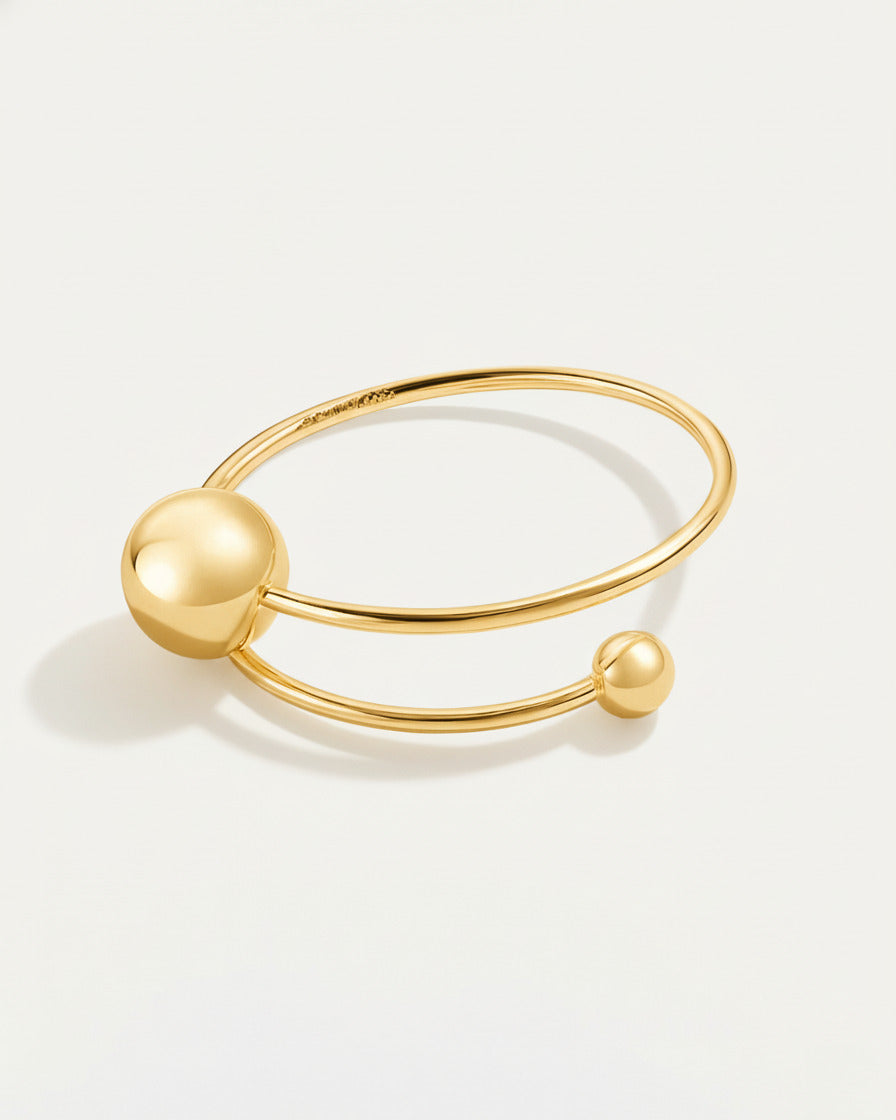 18K gold-plated orbit dual sphere cuff bracelet, modern minimalist jewelry design