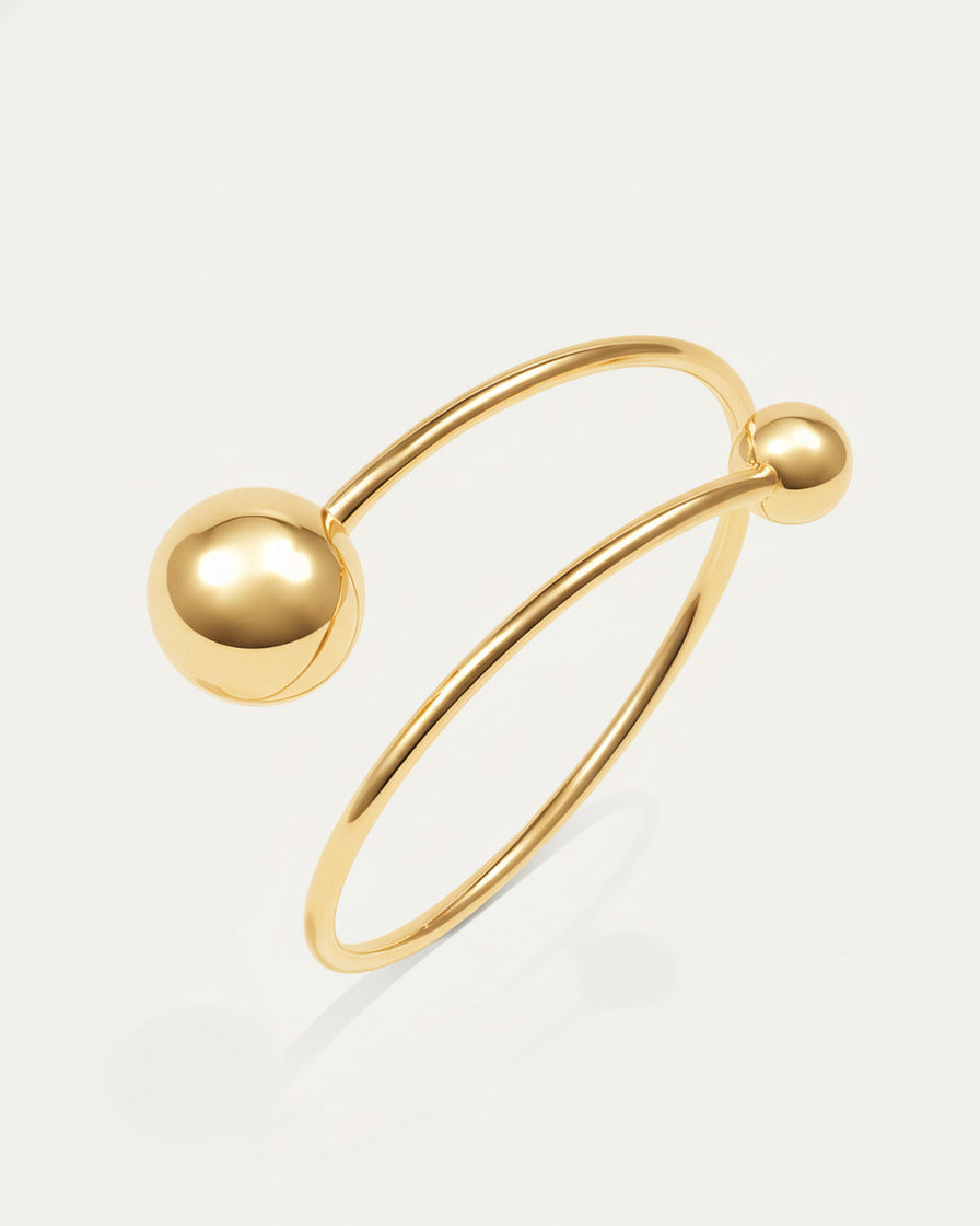 18K gold-plated orbit dual sphere cuff bracelet, modern minimalist jewelry design