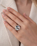 silver-plated orbit signet ring worn on hand, minimalist statement jewelry