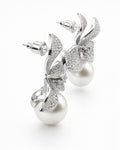 Silver pearl drop earrings side view with cubic zirconia floral design for women