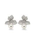 Silver floral pearl drop earrings with cubic zirconia elegant women jewelry design