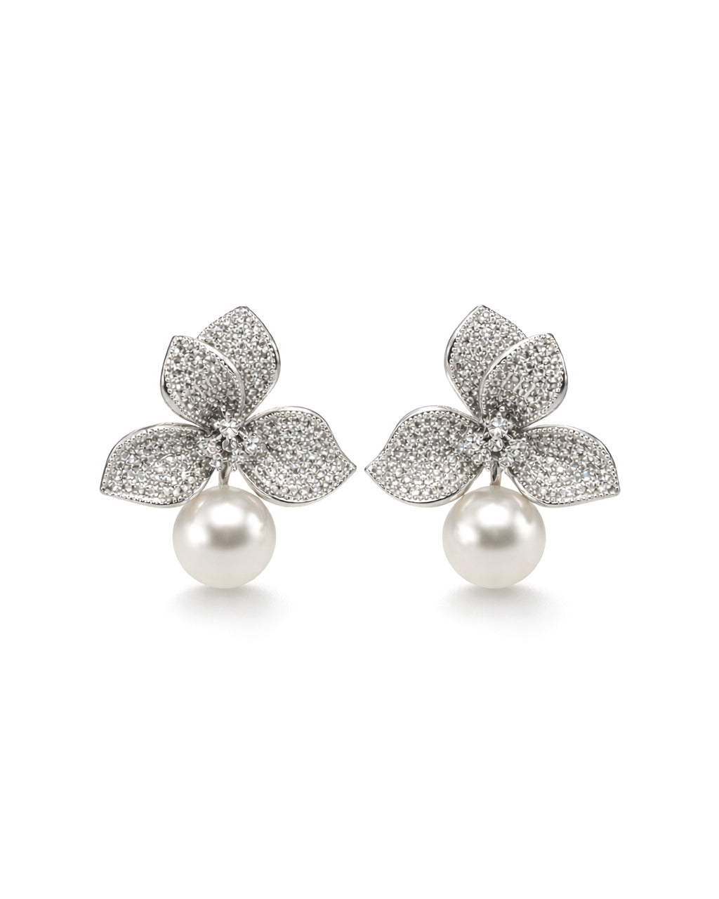 Silver floral pearl drop earrings with cubic zirconia elegant women jewelry design