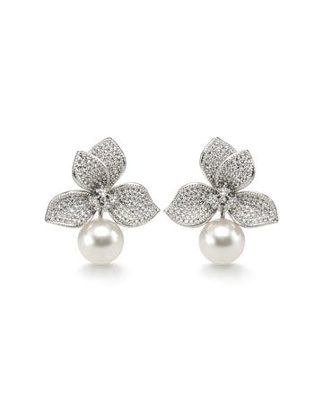 Silver floral pearl drop earrings with cubic zirconia elegant women jewelry design