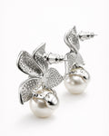 Silver floral pearl drop earrings back view with cubic zirconia women jewelry