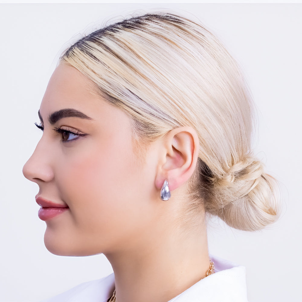 Oval Water Drop Medium Studs Rhodium Plated Model Side