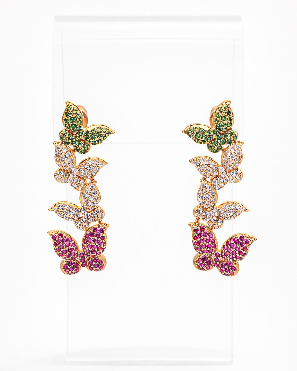 Gold butterfly drop earrings with multicolor zircon stones, elegant long design