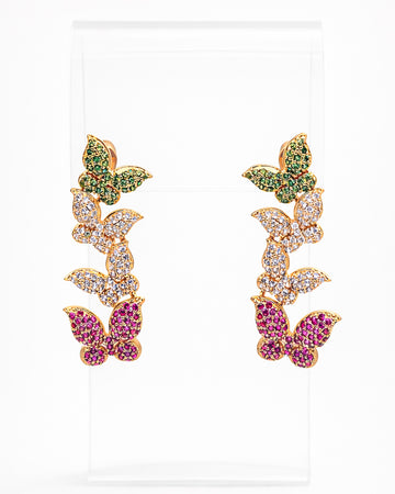 Gold butterfly drop earrings with multicolor zircon stones, elegant long design