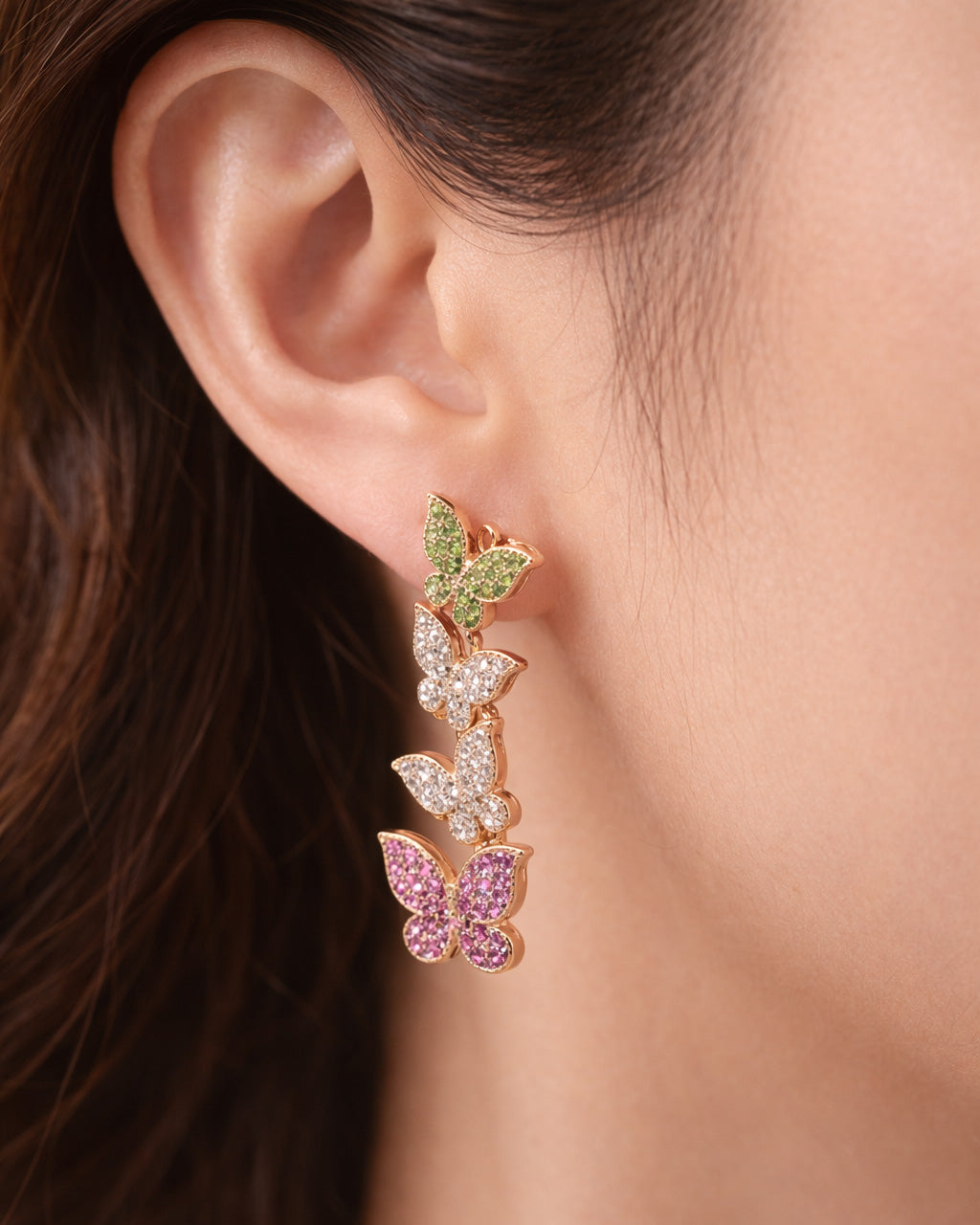 Gold butterfly drop earrings with multicolor zircon stones, elegant long design