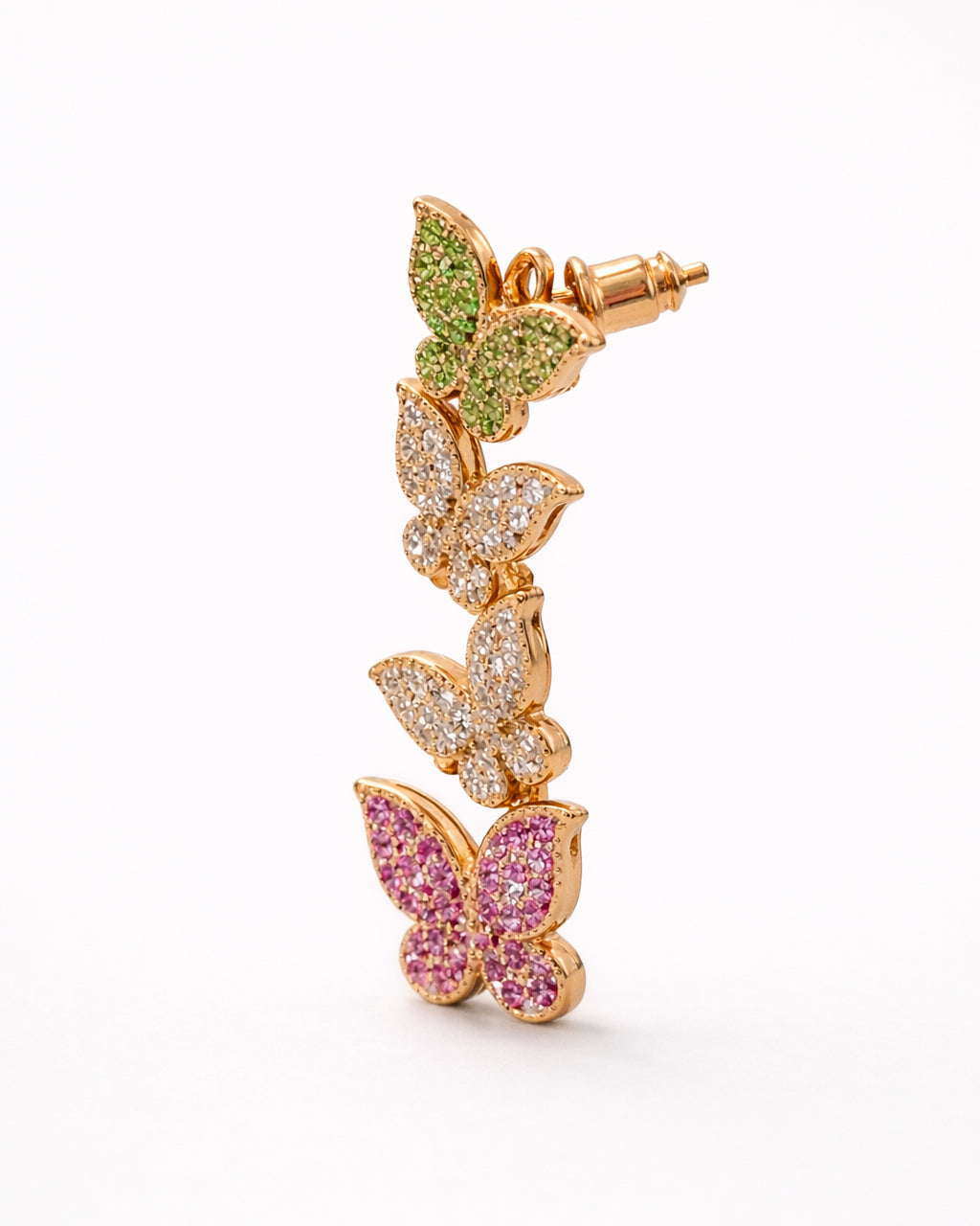 Side view gold butterfly drop earrings with multicolor zircon stones design