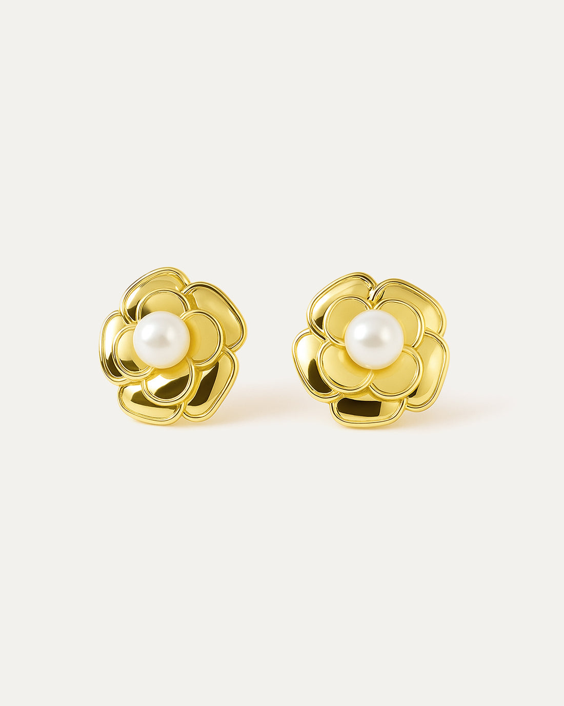Gold flower stud earrings with central pearl detail – Pearl Bloom Studs by Jadejuri