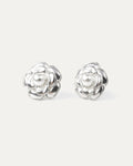 Silver floral stud earrings with faux pearl center – Pearl Bloom Studs.